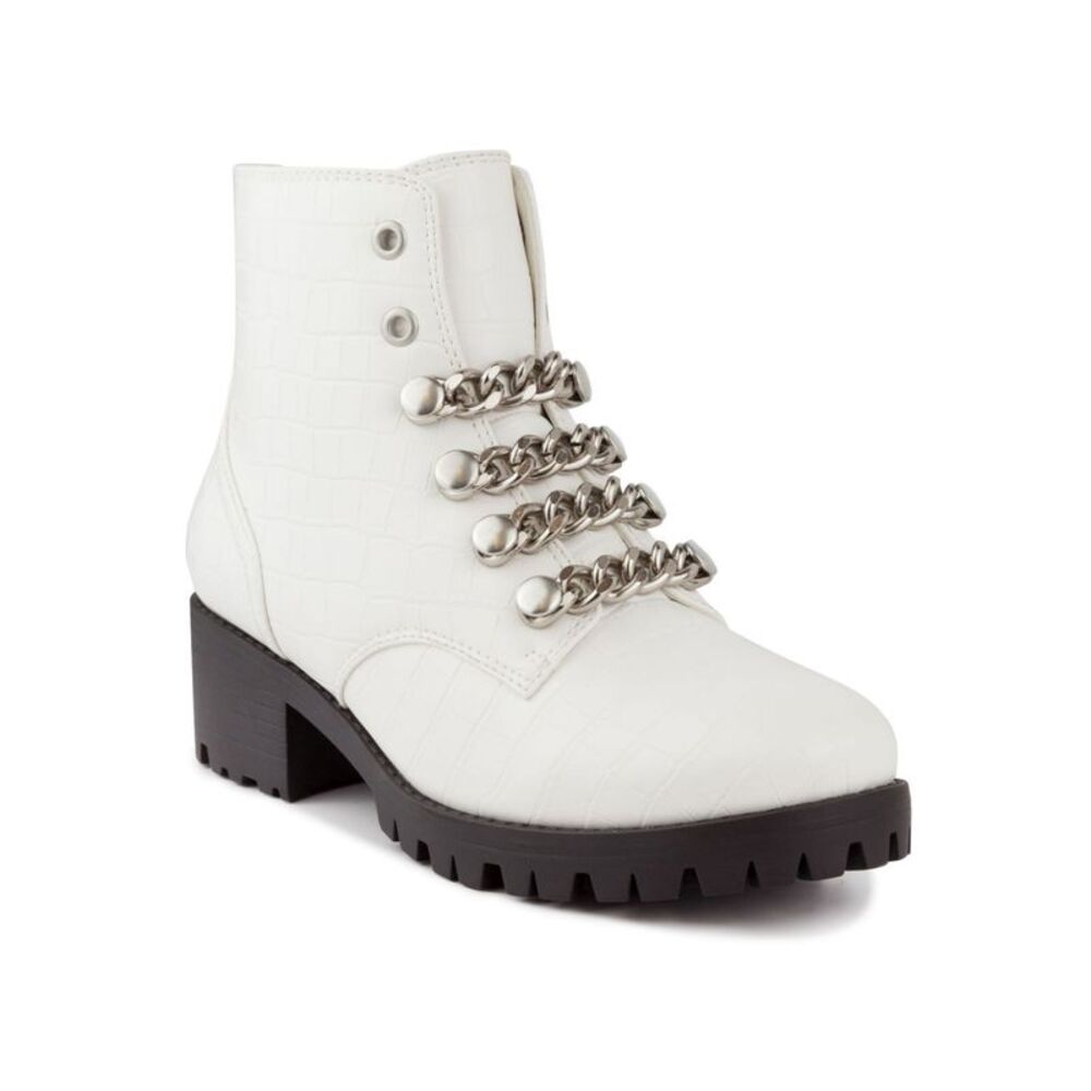 SUGAR Womens White Obvi Round Toe Block Heel Zip-Up Combat Boots 8.5 M